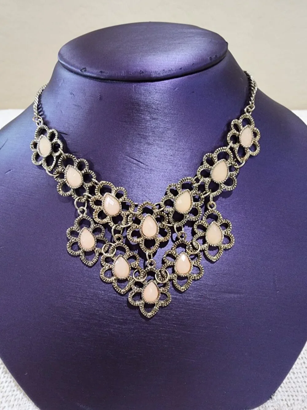 Gold Flower Faceted Light Pink Teardrop Accent Statement Bib Necklace